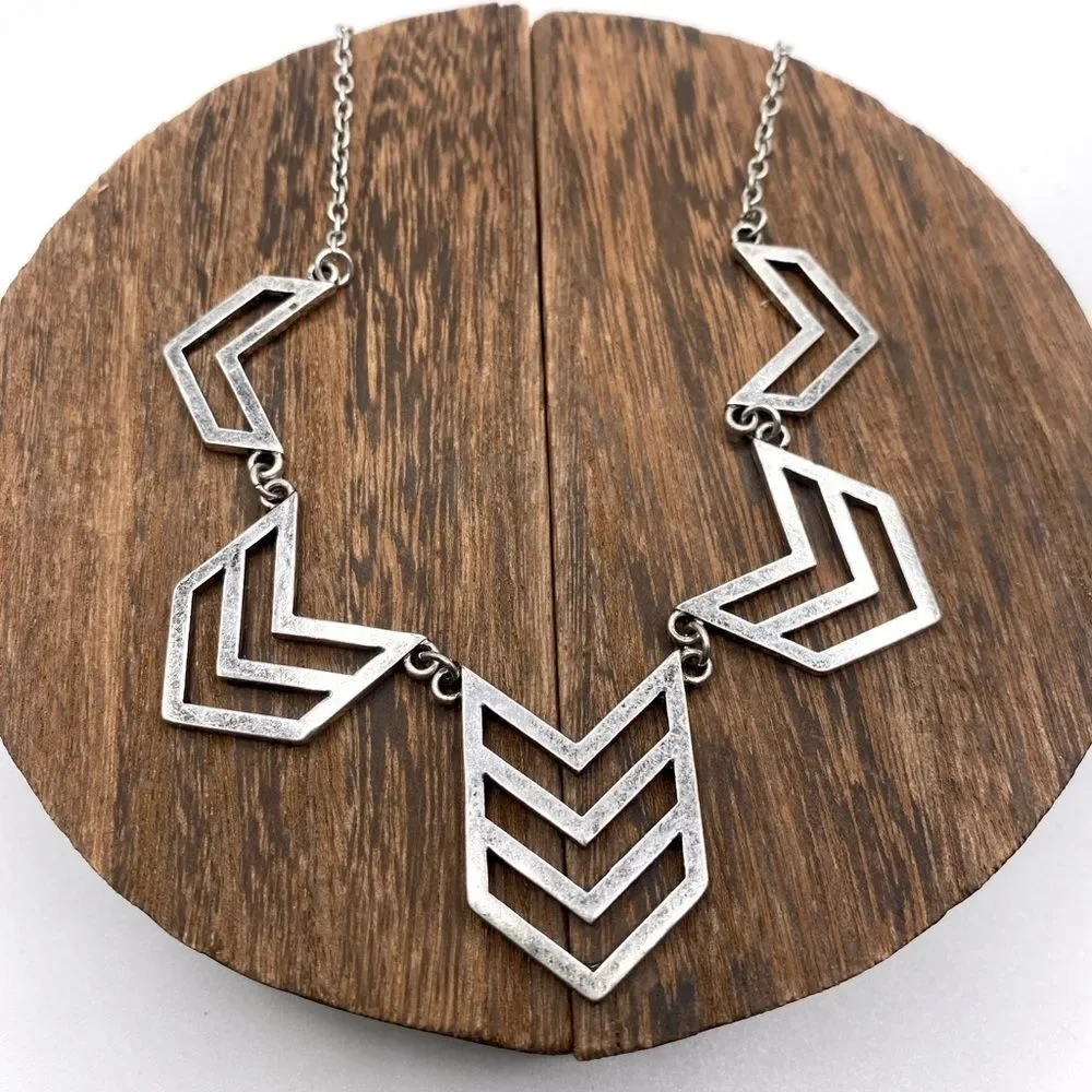 Silver Chevron Geometric Pendant Necklace Modern Boho Festival Coastal Cowgirl